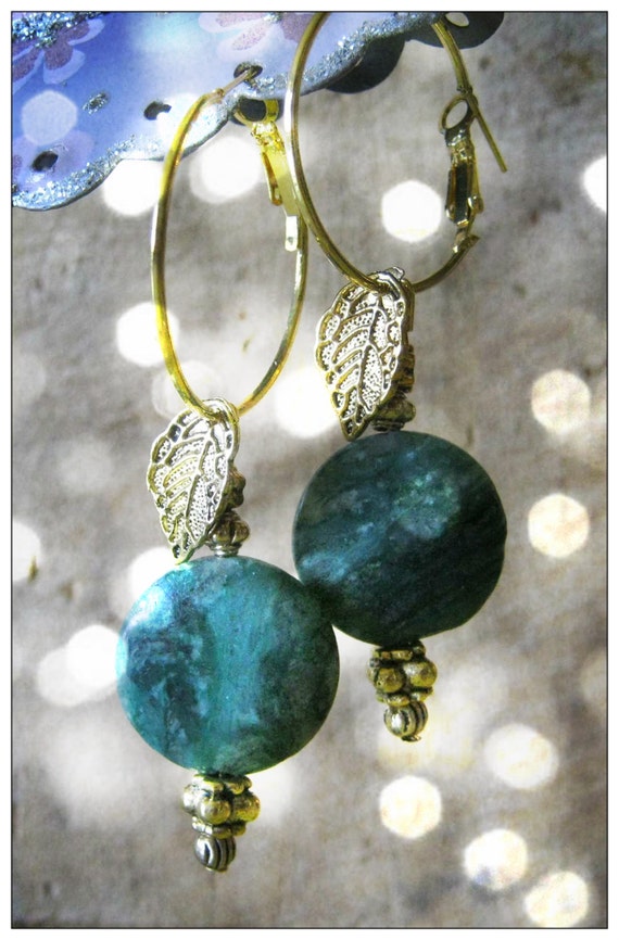 Handmade Gold Hoop Earrings with Green Agate Coins & Leaves