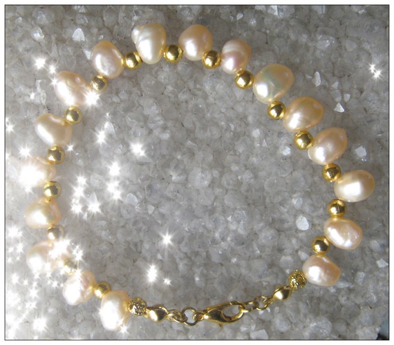Handmade Gold Bracelet with Light Pink Sea Pearls by IreneDesign2011