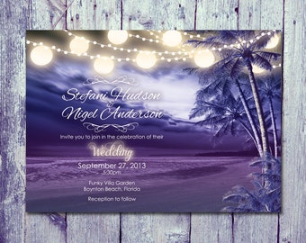 Purple beach wedding invitations