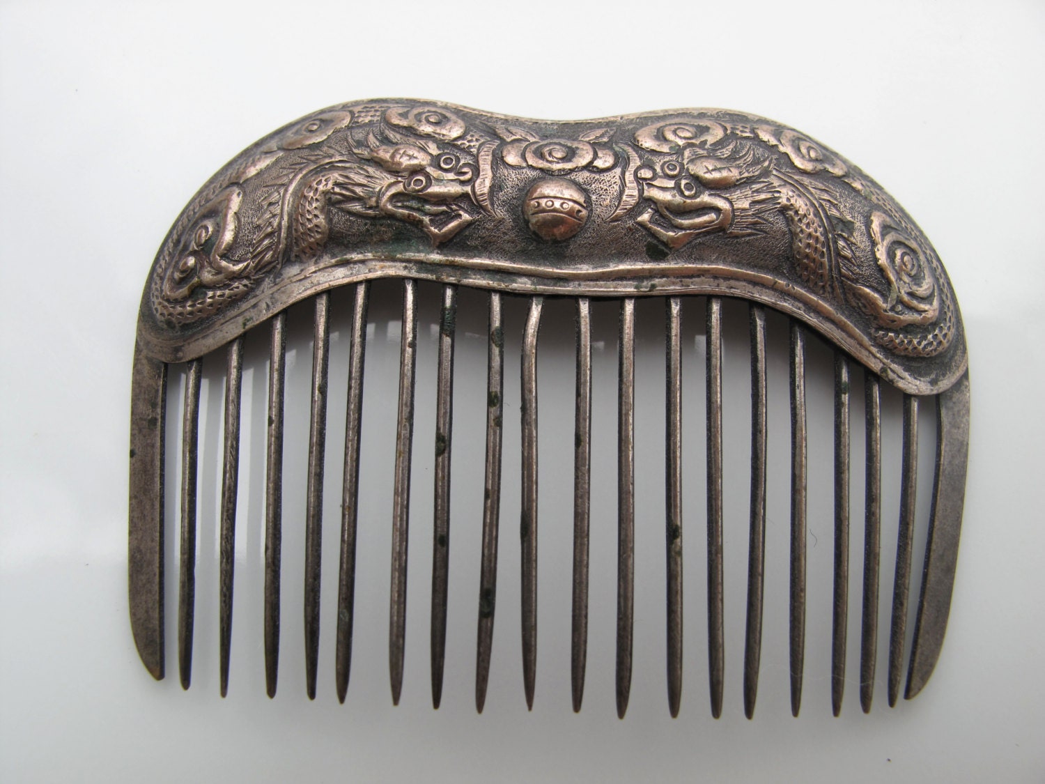 Antique Vintage Chinese Silver Hair Comb with Dragons