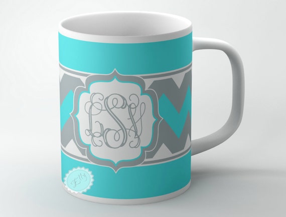 Tiffany blue  coffee cup monogrammed cup wit grey chevron personalized gift