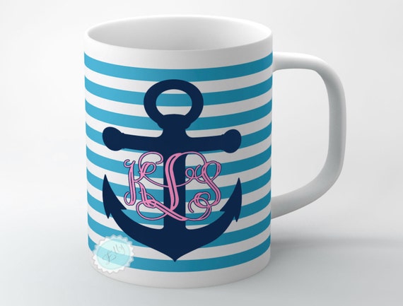 Anchor nautical coffee mug blue stripes with personalized monogram on to white ceramic cup