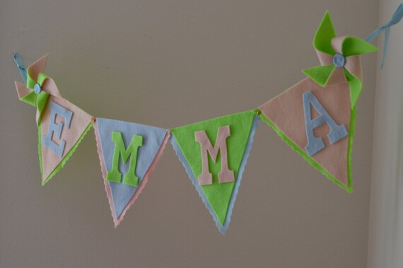 Pinwheel Blue Pink & Green Felt / Baby Name Banner / Birthday Baby Shower Decor / Other Colors Available / Custom Handmade Party Banners Il_570xn