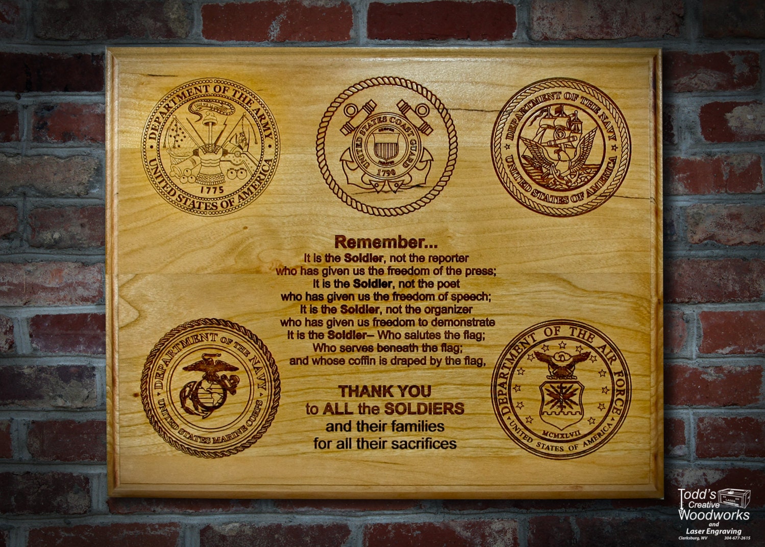 Engraved Military Plaque Army Navy Marines Air Force and Coast