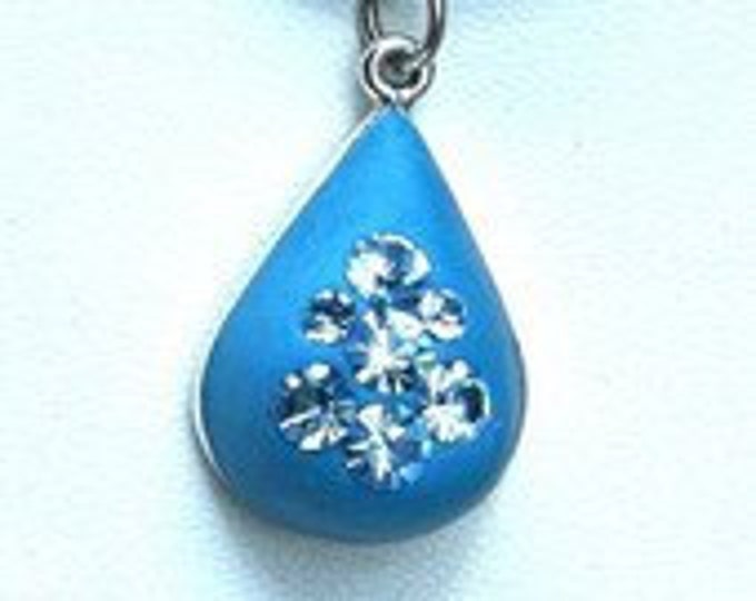 Don't Cry Teardrop Pendant Turquoise Blue Clay with Aqua Blue Crystal Chatons Sterling Silver Plated Patera Sparkling Bling Necklace OOAK