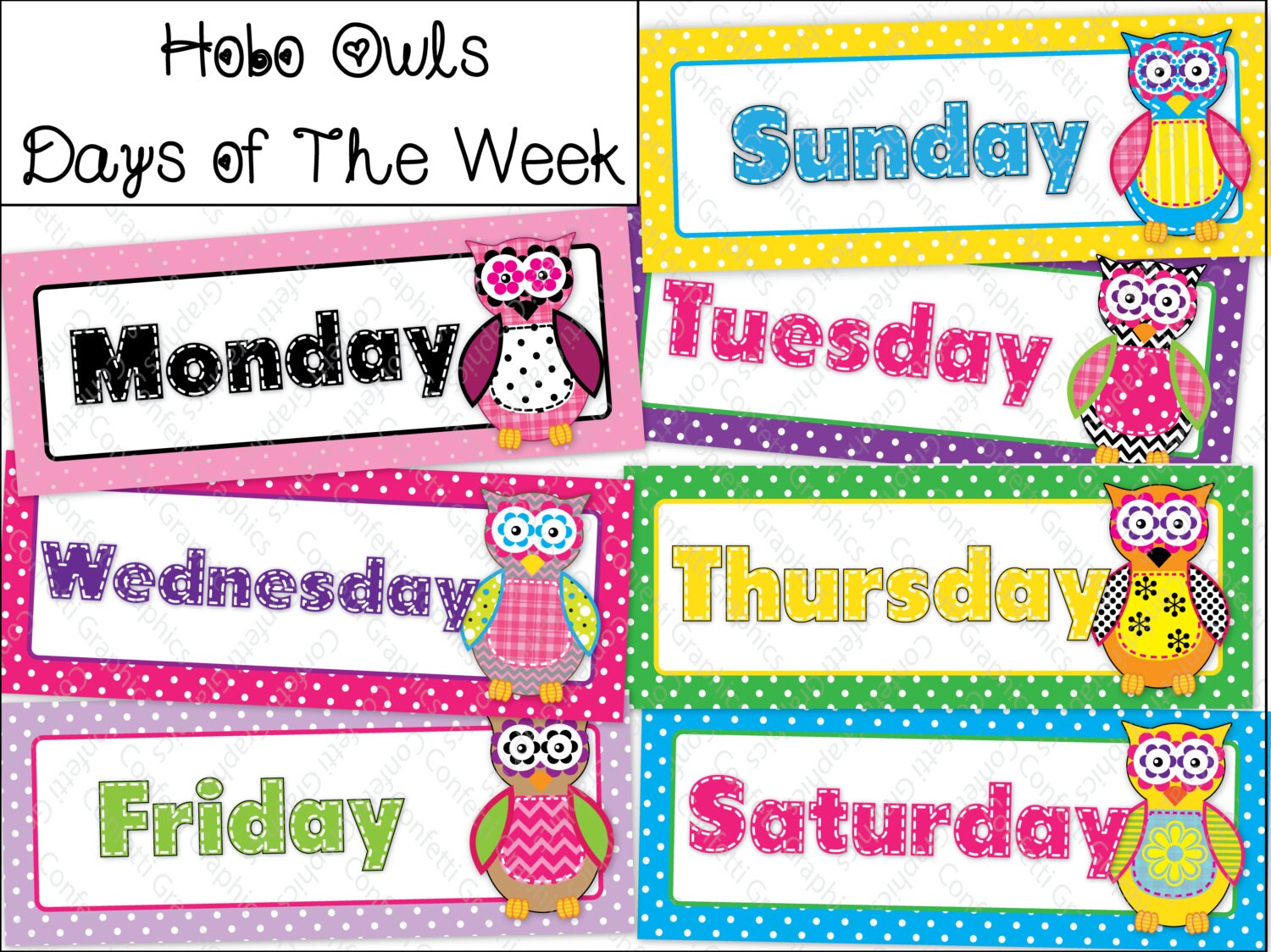 Days of The Week Calendar Cards Owl Polka Dot Hobo Stitched