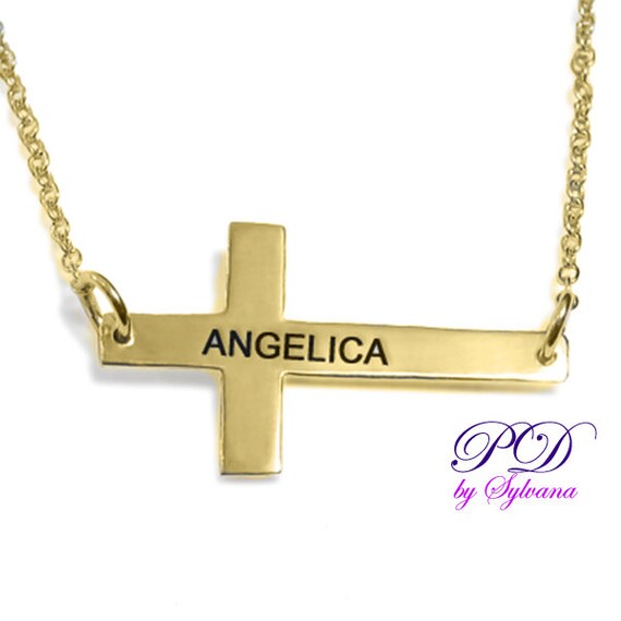 Personalized Sideways Cross Necklace, BLOCK letters Engraving, Yellow ... Personalized Sideways Cross Necklace, BLOCK letters Engraving, Yellow ...
