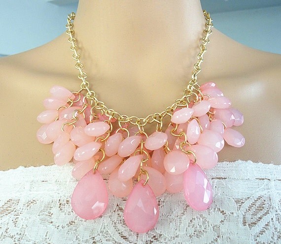 Pink bead cluster short bib chocker necklace bib by Trendysky