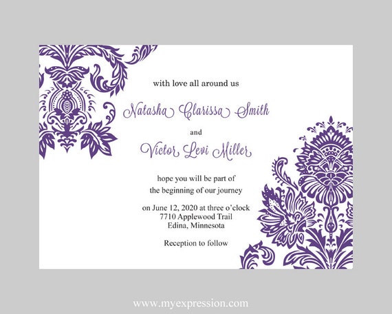 Wedding Invitation Template - Purple Damask - Instant Download ...