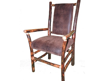 Rustic Hickory Captain's Dining Chairs with Upholstered seat and back shown with Faux Leather Fabric