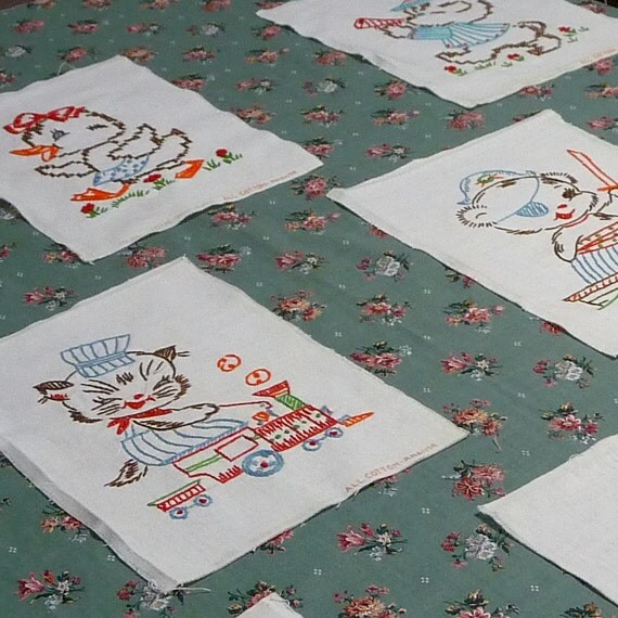 8 Vintage Hand Embroidered Nursery Rhyme Animal Quilt Blocks