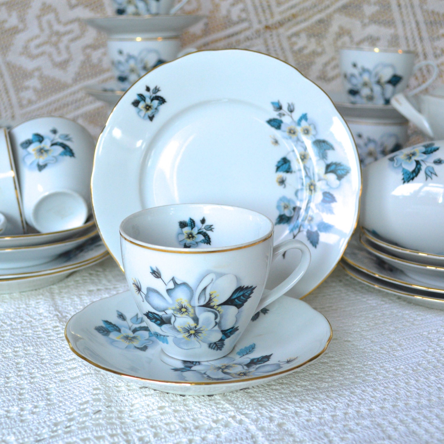 Bone China Trio Tea Set M.Z. Czechoslovakia Teacup Sauces