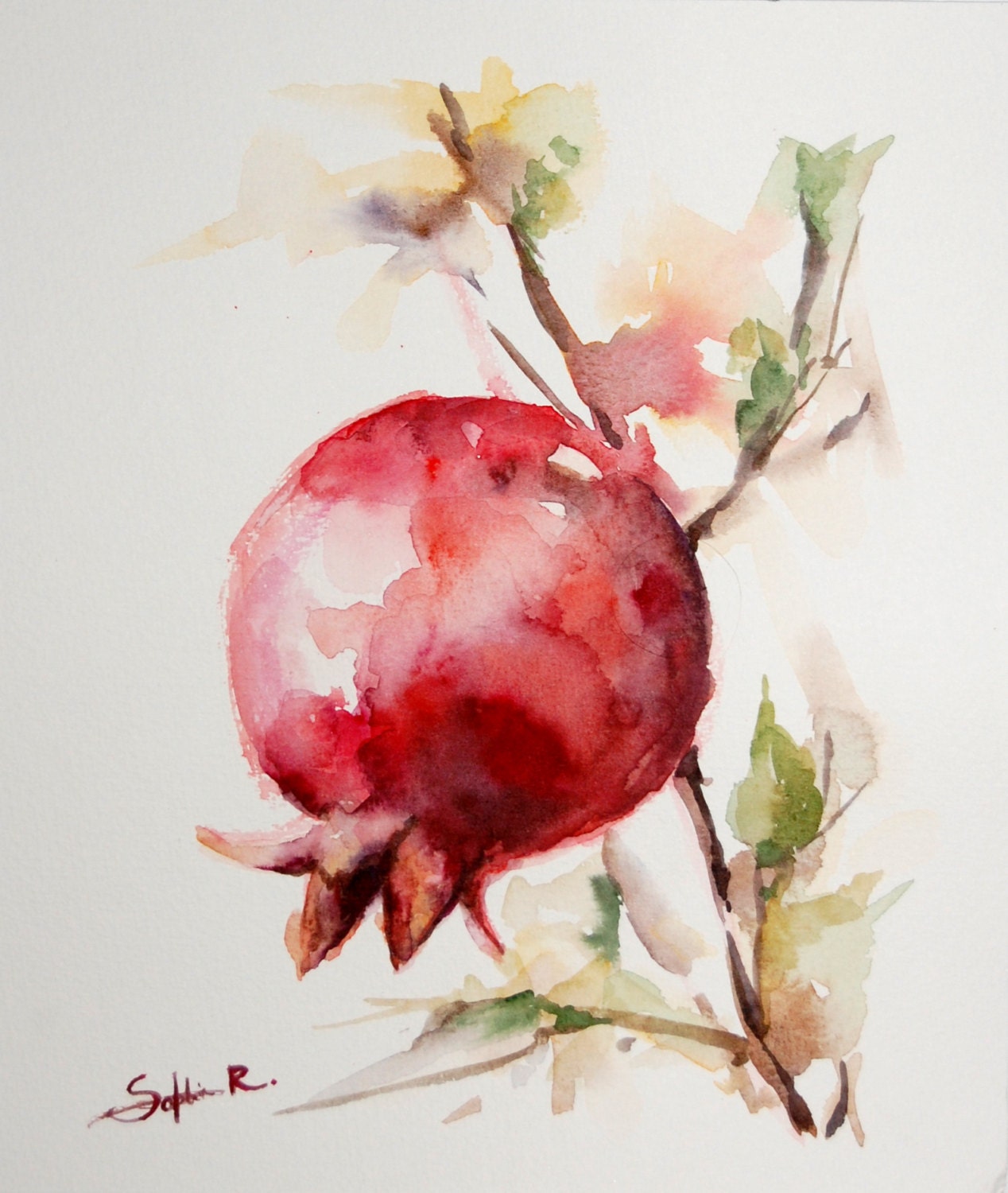 Red Pomegranate Branch Original Watercolor Painting The