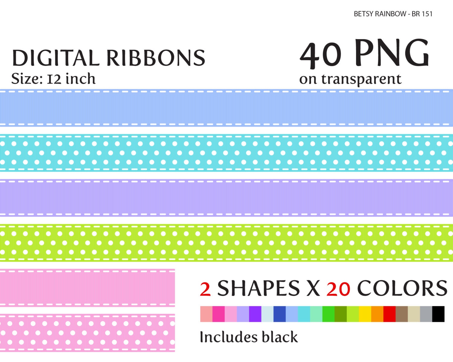 Digital ribbons in 20 colors 40 PNG digital border ribbon