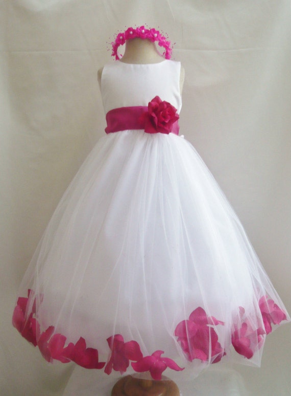 Flower Girl Dresses WHITE with Fuchsia Rose by NollaCollection
