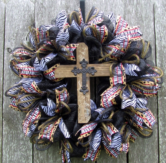 Items similar to Cross/Animal Print Deco Mesh Wreath on Etsy
