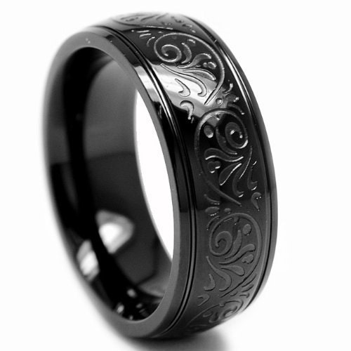 7MM BLACK Stainless Steel Ring With Engraved Florentine Design