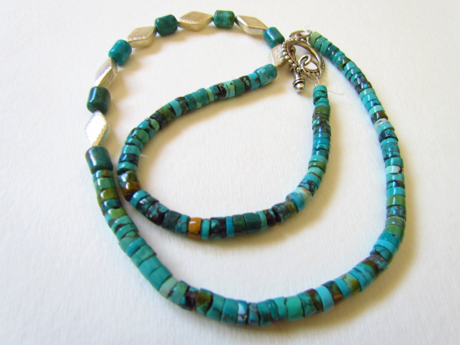 Turquoise Heishi bead necklace brushed silver India jewelry
