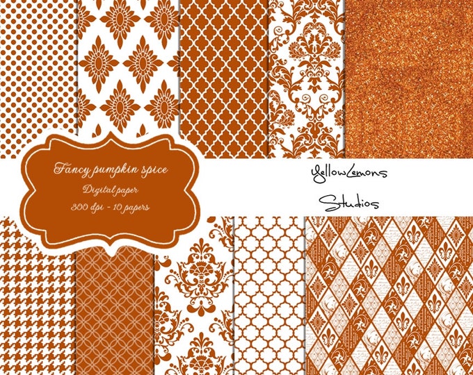 Pumpkin spice digital paper: "ORANGE PATTERNS" with moracccan tile, houndstooth, glitter, damask, honeycomb, quatrefoil, background