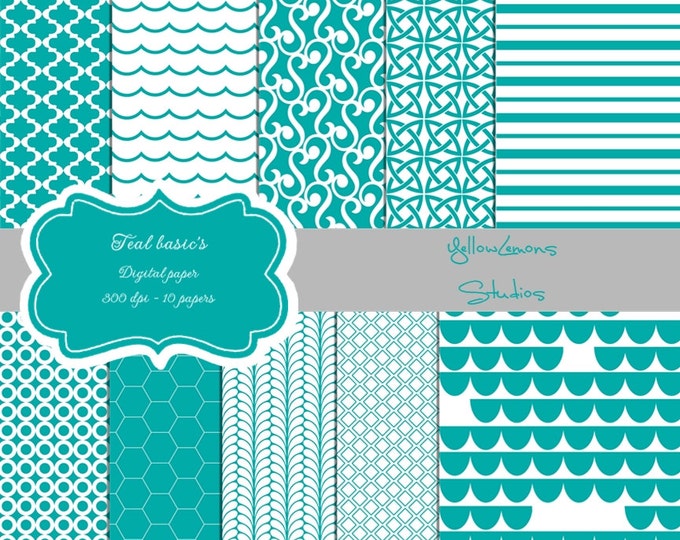 Teal white digital paper: "Teal PATTERNS" blue paper with Hexagon, stripes, moracon tiles, damask, honeycomb backgrounds