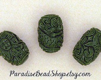 Carved Resin Beads, Green Carved Resin Mermaid Bead