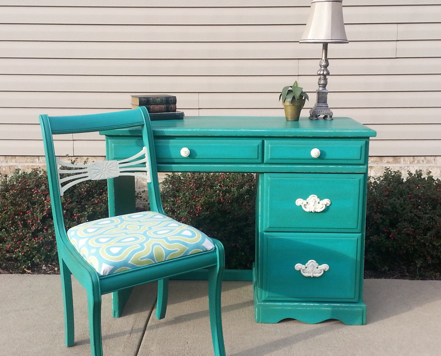 Shabby Chic Teal Desk & Antique Chair in Annie Sloan Chalk