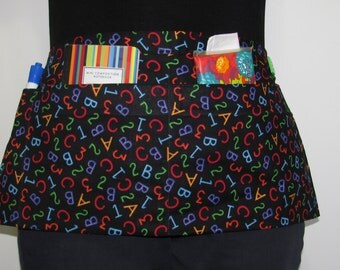 Waist Apron for Teachers, Vendors, Servers, Crafters, Gardeners with Alphabet Letters on Black Fabric (3 Pockets)