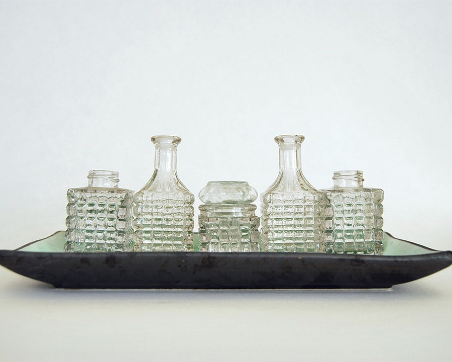 Vintage Glass Condiment Bottles, Crystal Cruets set, Pretty Miniature