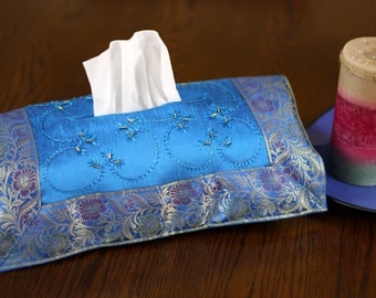 Hand Embroidered Decorative Tissue Box Cover (Ocean Blue)