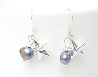 Bridesmaids Earrings - Purple pearl earrings. -Star earrings - silver star earrings - pearl drop earrings - bridesmaids gift