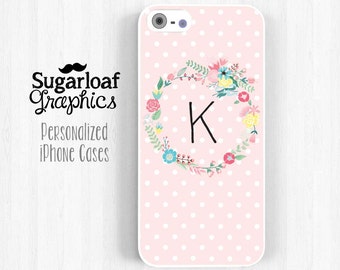 Personalized Initial iPhone Case Pink Polka Dot, Colorful Floral Wreath iPhone 7 6 Plus 5 5s 5c 4 4s Case, Samsung Galaxy S3 S4 Note 3 St66