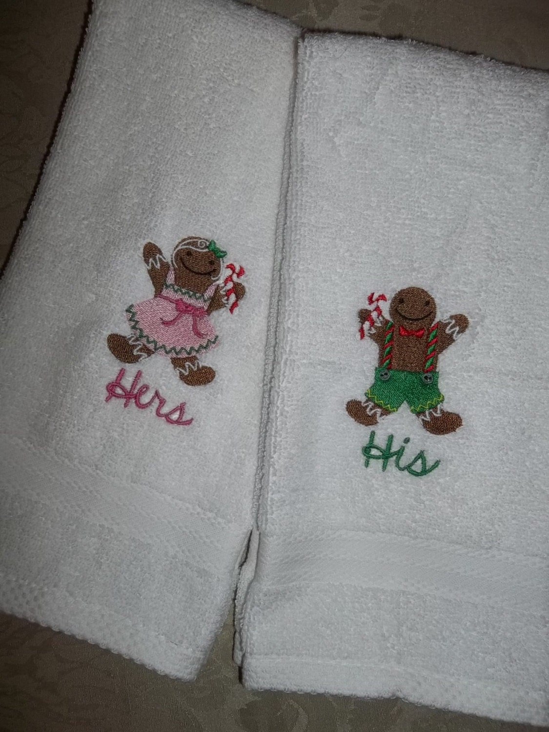 Set of 2 handmade embroidered Gingerbread girl and Gingerbread boy hand towels