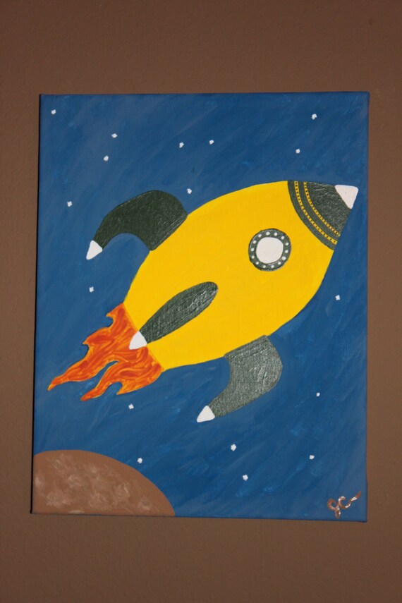 Items similar to Rocket Ship 11x14 Handmade Canvas Painting for Boys