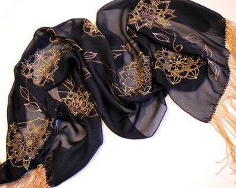 Silk scarf , Black silk scarf, Hand painted silk, Mother' day gift, mom gift