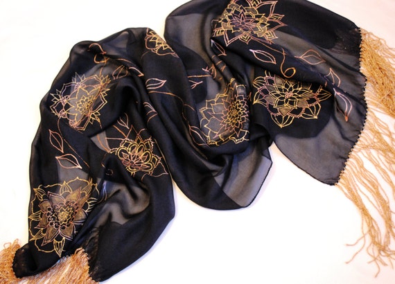 Silk scarf Black silk scarf Hand painted silk Mother'