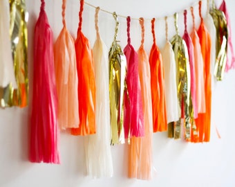 Coral Crush Tassel Garland, Birthday Tassel Garland, Coral and Gold Tassel Garland, Bright Tassel Garland, Peach Tassel Garland, Coral Decor