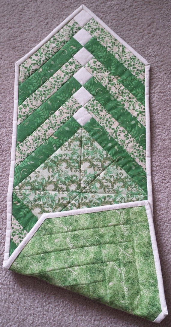 Hand made green and cream colored reversible table runner