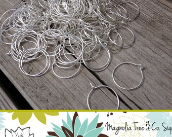 Wine Rings BULK 100 pcs DIY, Silver Plated Wine Glass Charm Rings, Earring Hoops, Earring Rings, 25x20mm, Bent End, Silver (WR100)