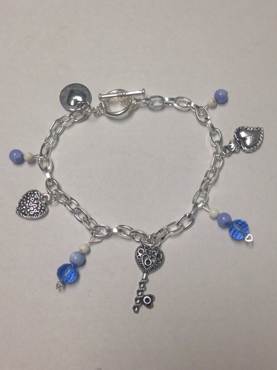 Silver Heart Charm Bracelet with Blue Beads Charm Bracelet
