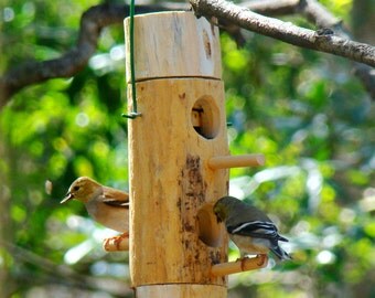 Hanging bird feeder mini is all wood and handmade - this wooden birdfeeder is light and portable - hang from a branch in front of a window