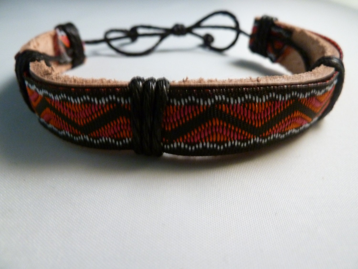 Vintage leather ribbon wrap bracelet red orange black white