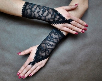 Elegant GOTHIC VAMPIRE Victorian Burlesque Glamour short GLOVES black lace 2