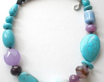 Statement Necklace with Turquoise, Blue Agate, and Purple Amethyst