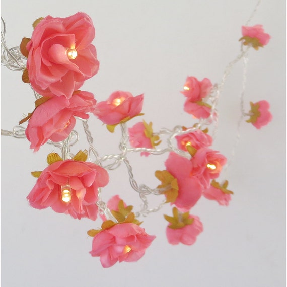 Deep Coral Pink Shabby Rose Fairy Lights Pretty by PamelaAngus