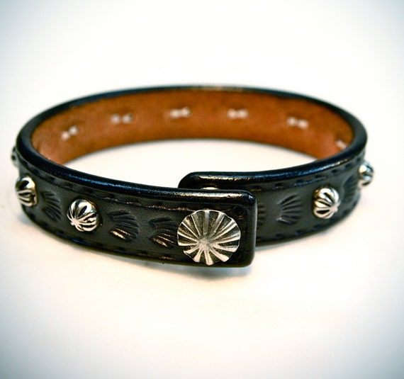 Black leather bracelet Concho snap cuff beautiful studded Thin and Sexy Cowboy/Native