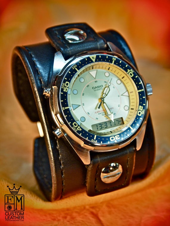 Leather cuff watch Black bridle leather handstitched watch band Bracelet Casio Chronograph Handmade for YOU in NYC by Freddie Matara!