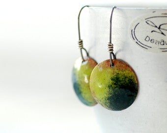 Enameled Copper Earrings, Green and Blue Earrings, Geometric Earrings, Sour Green, Rustic Earrings, Copper, Silver, Dangle Drop Earrings
