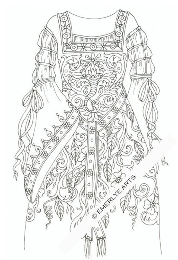 Items similar to Printable Coloring Page - Medieval Gown with Ribbons
