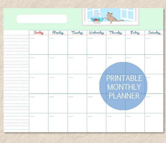printable cat undated calendar cute cat goldfish monthly