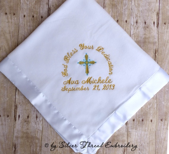Personalized Baby Christening Blanket Baptism Cross Satin Trim